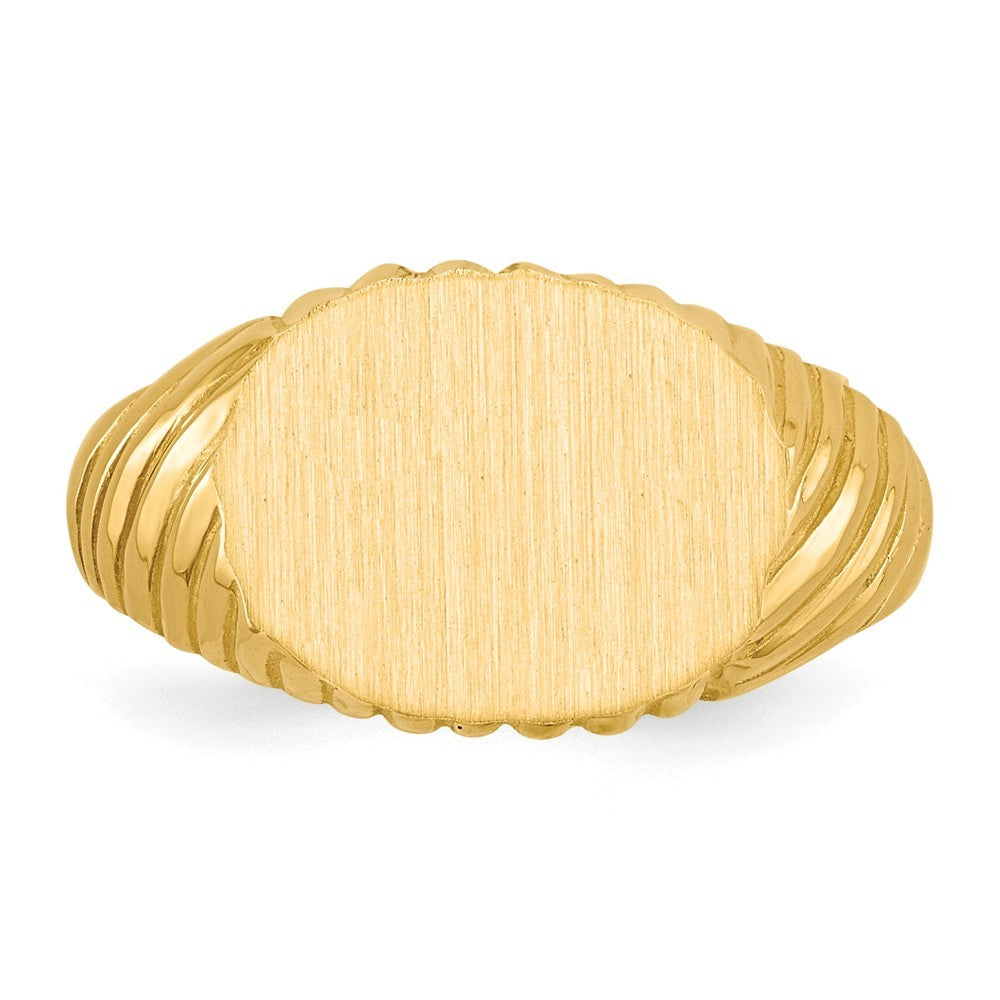 Open Back Swirl Ridge Sides Signet Ring Custom Personalized with Free Engraving Available of Initials or Monogram in Solid 14K Yellow Gold