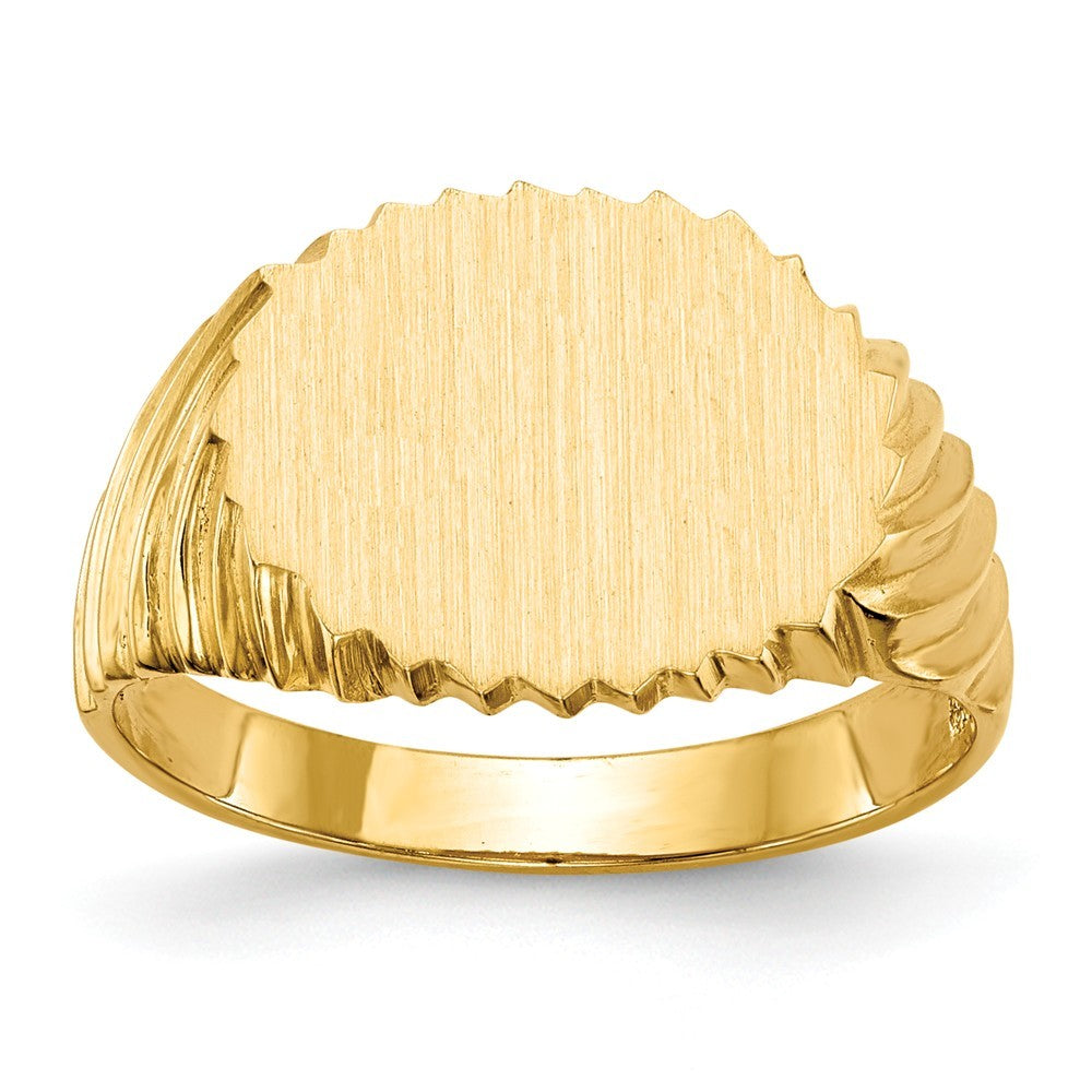 Open Back Swirl Ridge Sides Signet Ring Custom Personalized with Free Engraving Available of Initials or Monogram in Solid 14K Yellow Gold