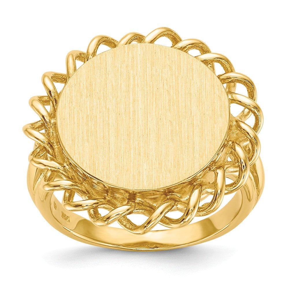 Open Back Open 14mm Round with Twist-spiral Edge Signet Ring Custom Personalized with Free Engraving Available of Initials or Monogram in Solid 14K Yellow Gold