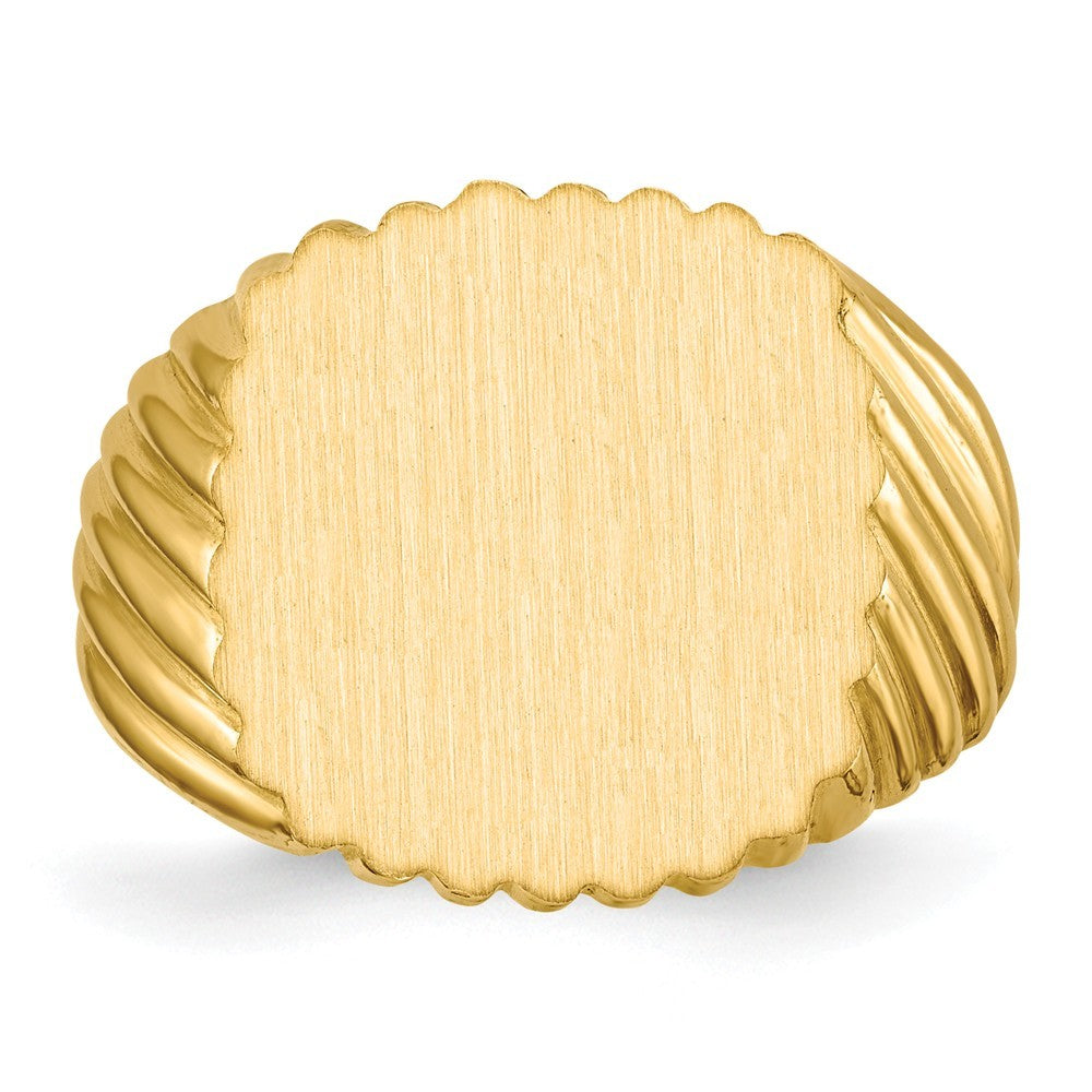 Mens Rounded-Square Ridged Signet Ring with Free Engraving Available of Initials Monogram in Solid 14K Yellow Gold