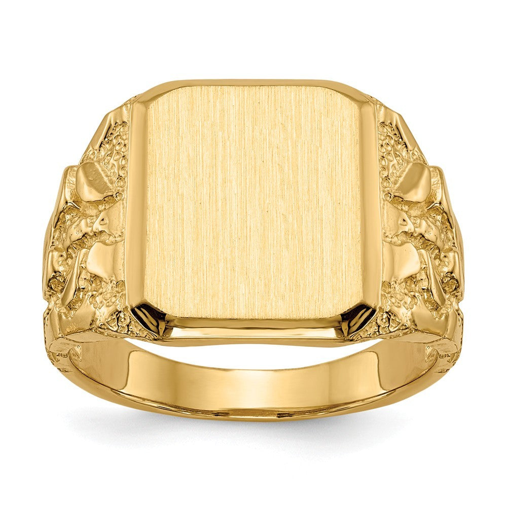 Open Back Mens Nugget Sides Square Top Signet Ring Custom Personalized with Free Engraving Available of Initials or Monogram in Solid 14K Yellow Gold