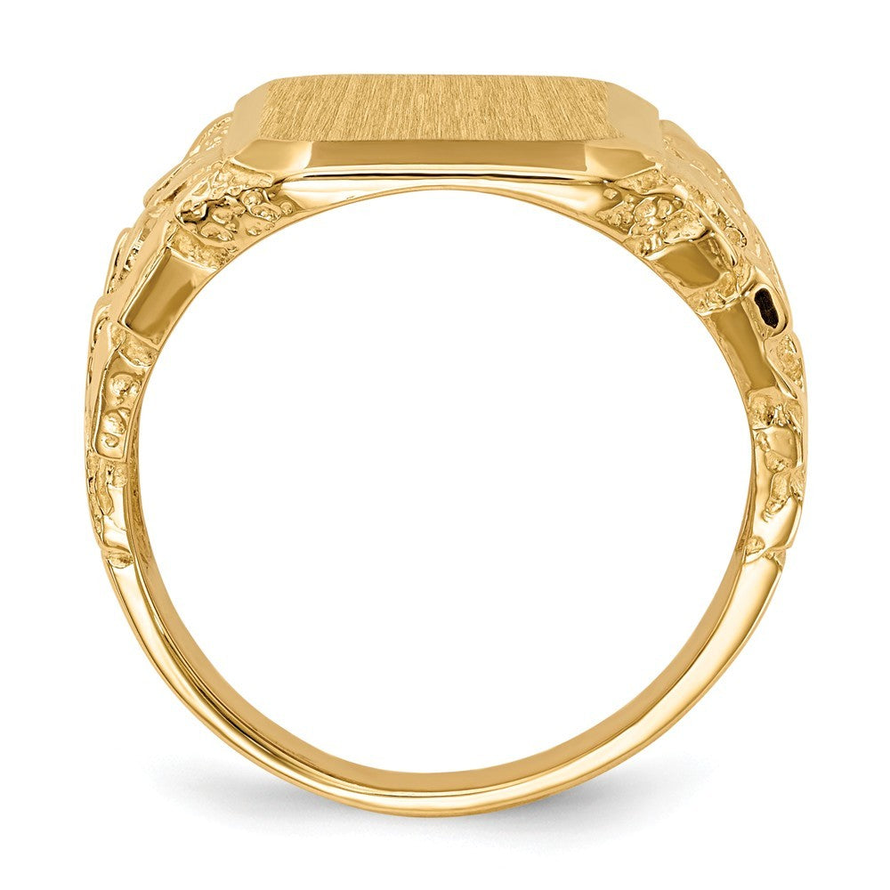 Open Back Mens Nugget Sides Square Top Signet Ring Custom Personalized with Free Engraving Available of Initials or Monogram in Solid 14K Yellow Gold