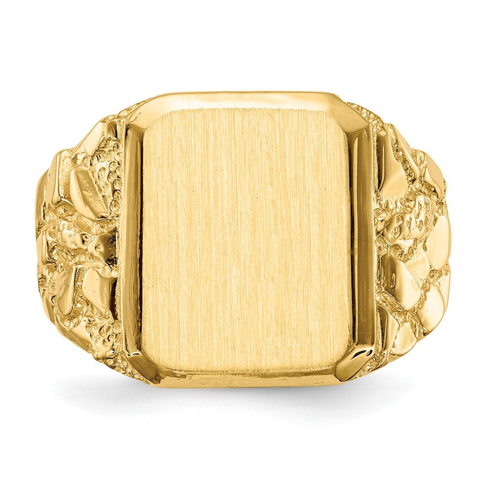 Open Back Mens Nugget Sides Square Top Signet Ring Custom Personalized with Free Engraving Available of Initials or Monogram in Solid 14K Yellow Gold