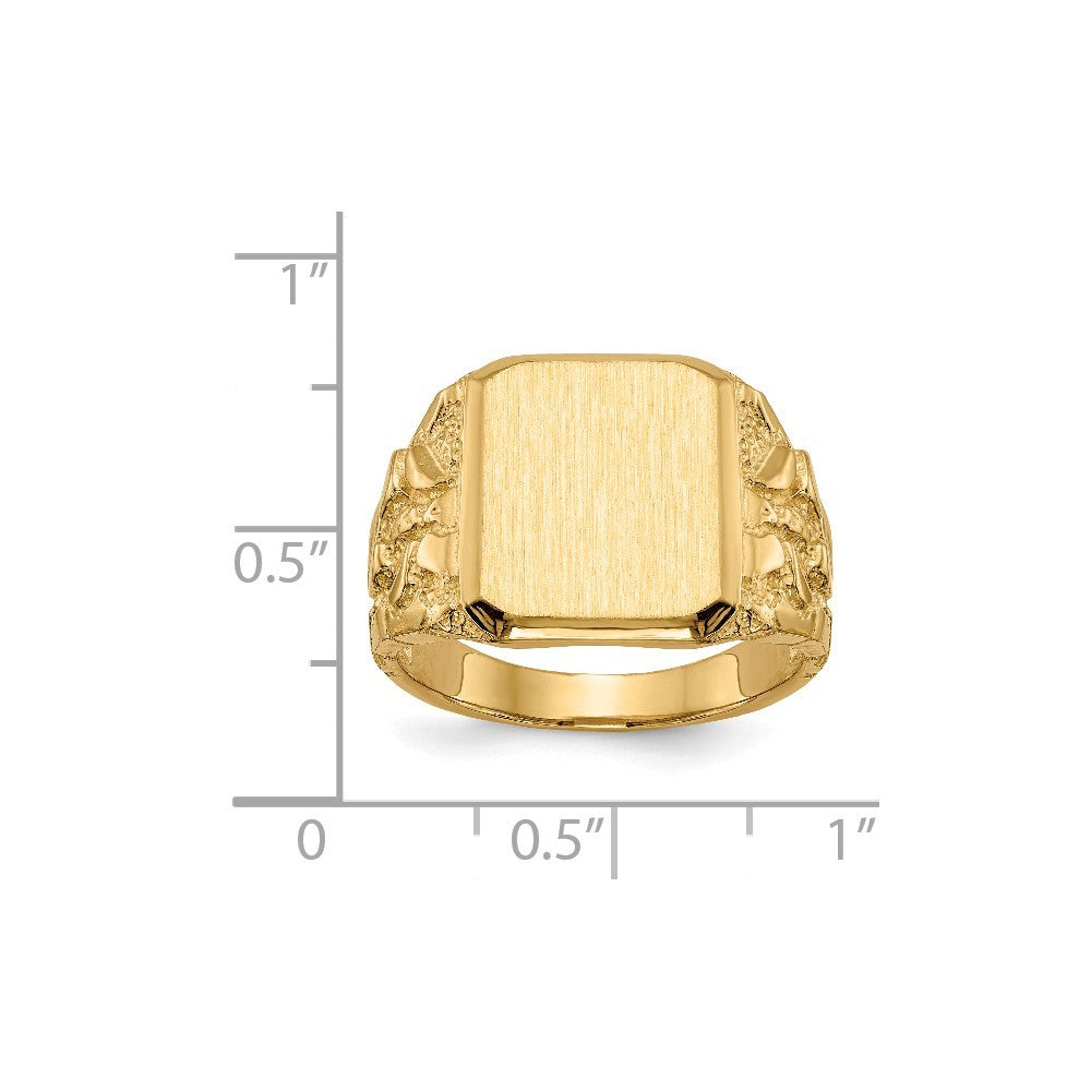 Open Back Mens Nugget Sides Square Top Signet Ring Custom Personalized with Free Engraving Available of Initials or Monogram in Solid 14K Yellow Gold