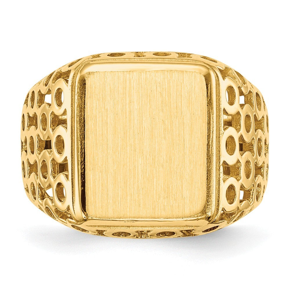 Mens Open Circle Sides Square Signet Ring with Free Engraving Available of Initials Monogram in Solid 14K Yellow Gold