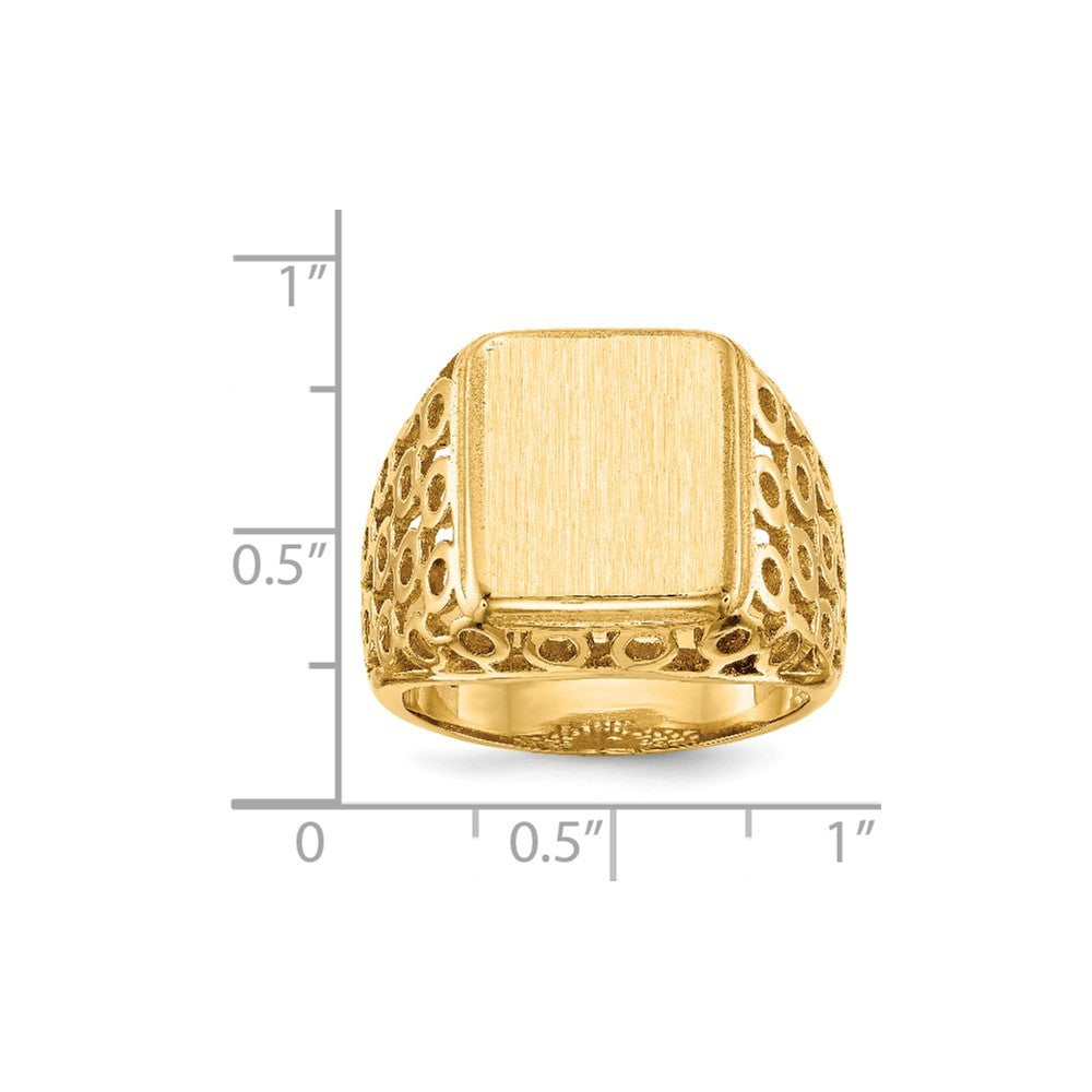 Mens Open Circle Sides Square Signet Ring with Free Engraving Available of Initials Monogram in Solid 14K Yellow Gold