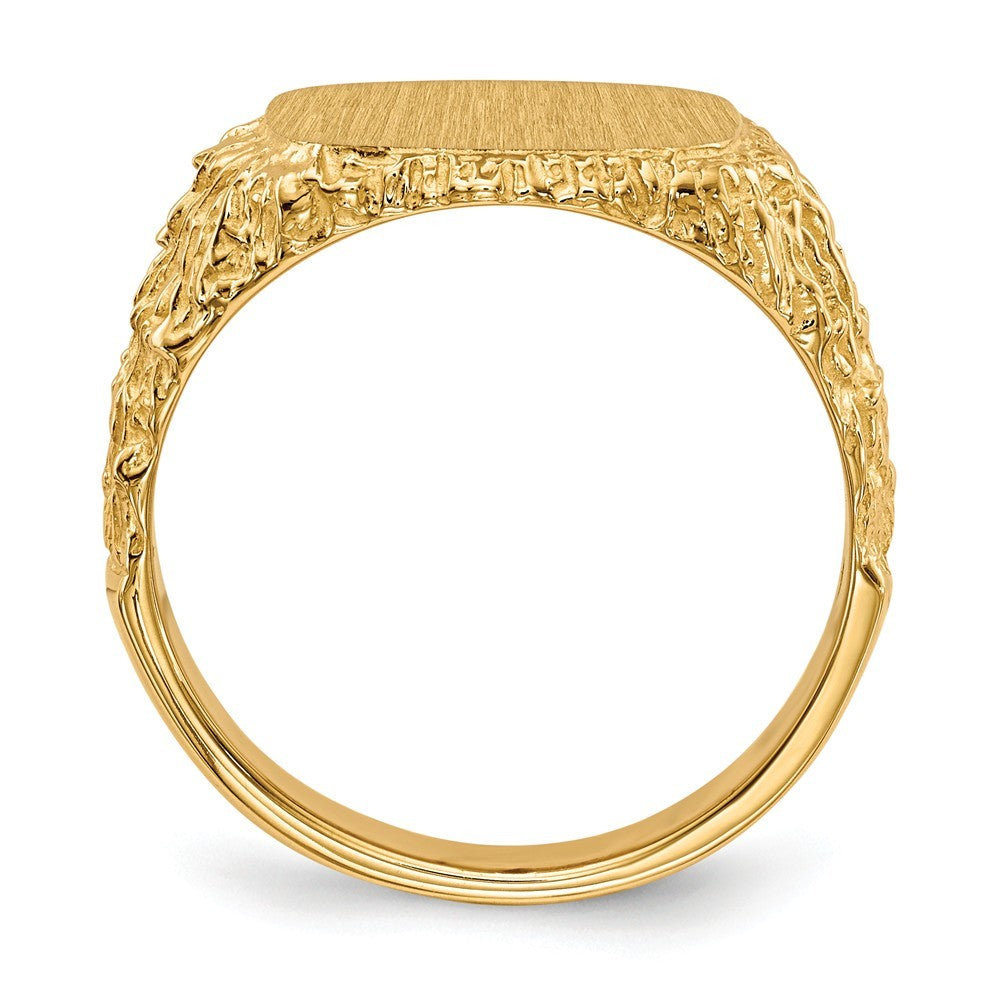 Mens Solid Back Treebark Sides Signet Ring with Free Engraving Available of Initials Monogram in Solid 14K Yellow Gold