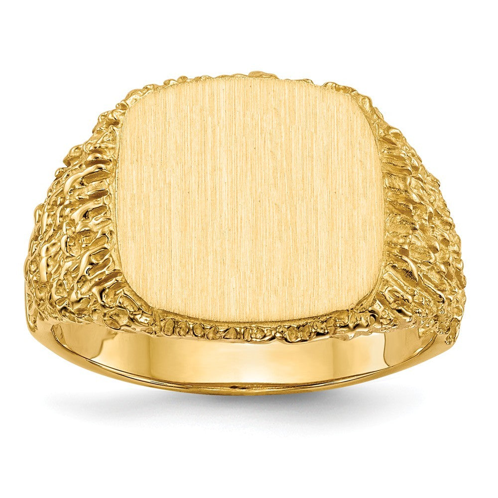 Open Back Mens Bark Nugget Sides Square Top Signet Ring Custom Personalized with Free Engraving Available of Initials or Monogram in Solid 14K Yellow Gold