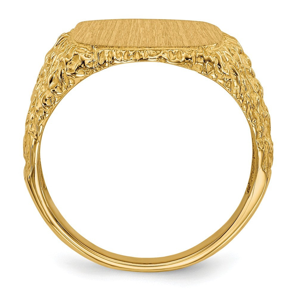 Open Back Mens Bark Nugget Sides Square Top Signet Ring Custom Personalized with Free Engraving Available of Initials or Monogram in Solid 14K Yellow Gold