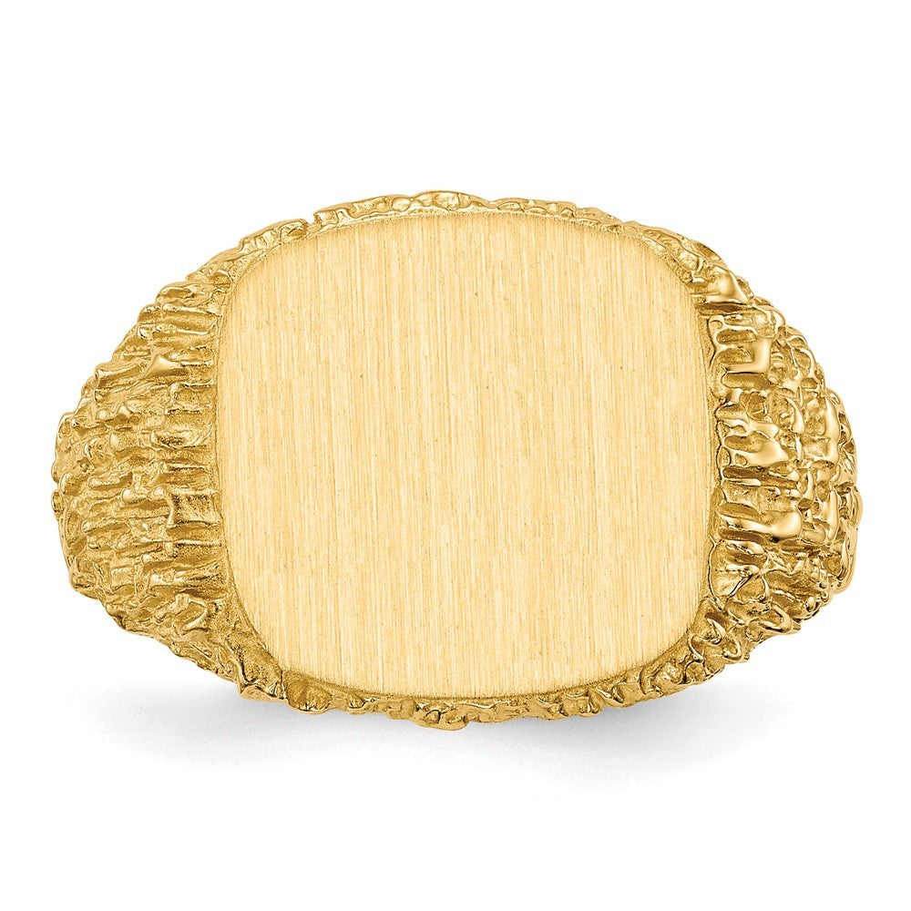 Open Back Mens Bark Nugget Sides Square Top Signet Ring Custom Personalized with Free Engraving Available of Initials or Monogram in Solid 14K Yellow Gold