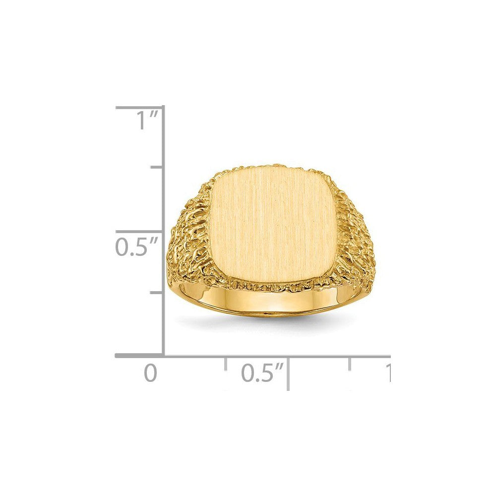 Open Back Mens Bark Nugget Sides Square Top Signet Ring Custom Personalized with Free Engraving Available of Initials or Monogram in Solid 14K Yellow Gold