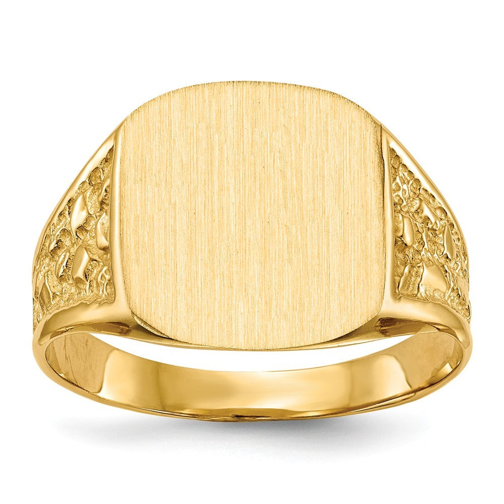 Mens Solid Back Nugget Sides Signet Ring with Free Engraving Available of Initials Monogram in Solid 14K Yellow Gold