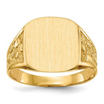 Load image into Gallery viewer, Mens Solid Back Nugget Sides Signet Ring with Free Engraving Available of Initials Monogram in Solid 14K Yellow Gold
