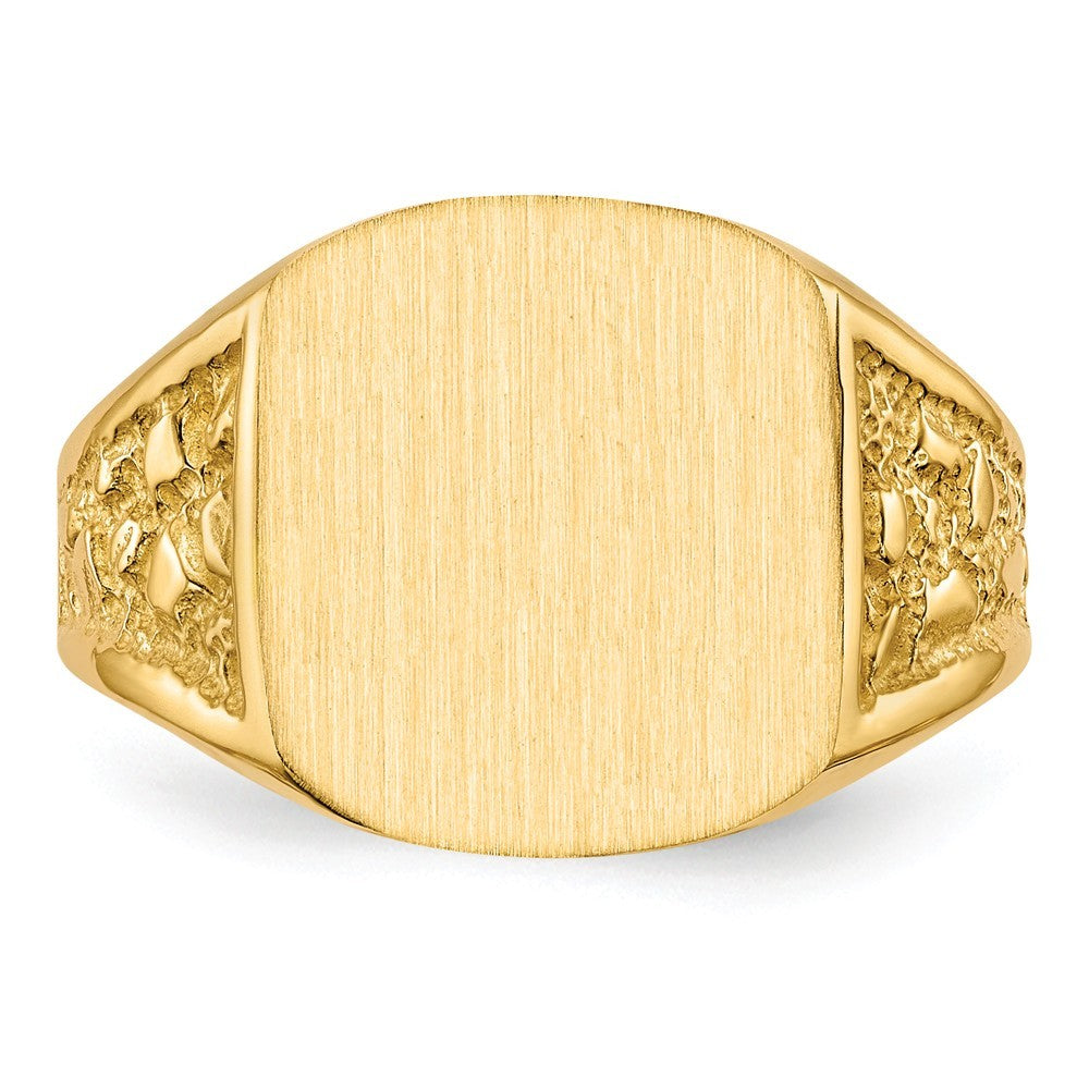 Mens Solid Back Nugget Sides Signet Ring with Free Engraving Available of Initials Monogram in Solid 14K Yellow Gold
