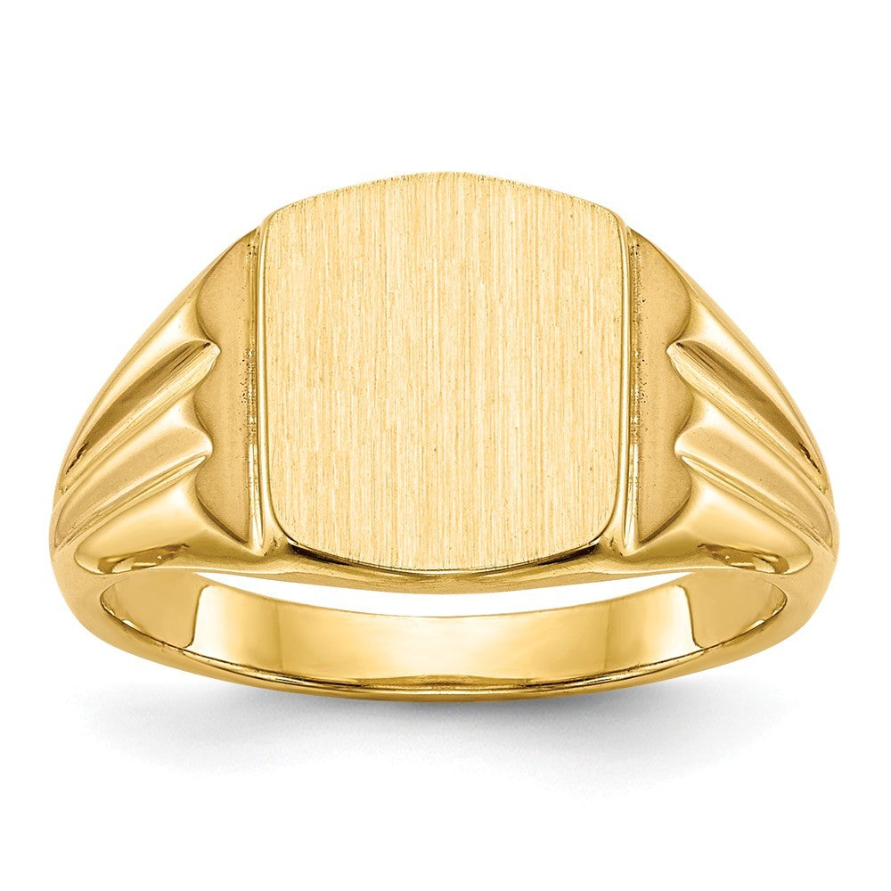 Solid Closed Back Womens Mens Double Grooved Sides Top Signet Ring Custom Personalized with Free Engraving Available of Initials or Monogram in Solid 14K Yellow Gold