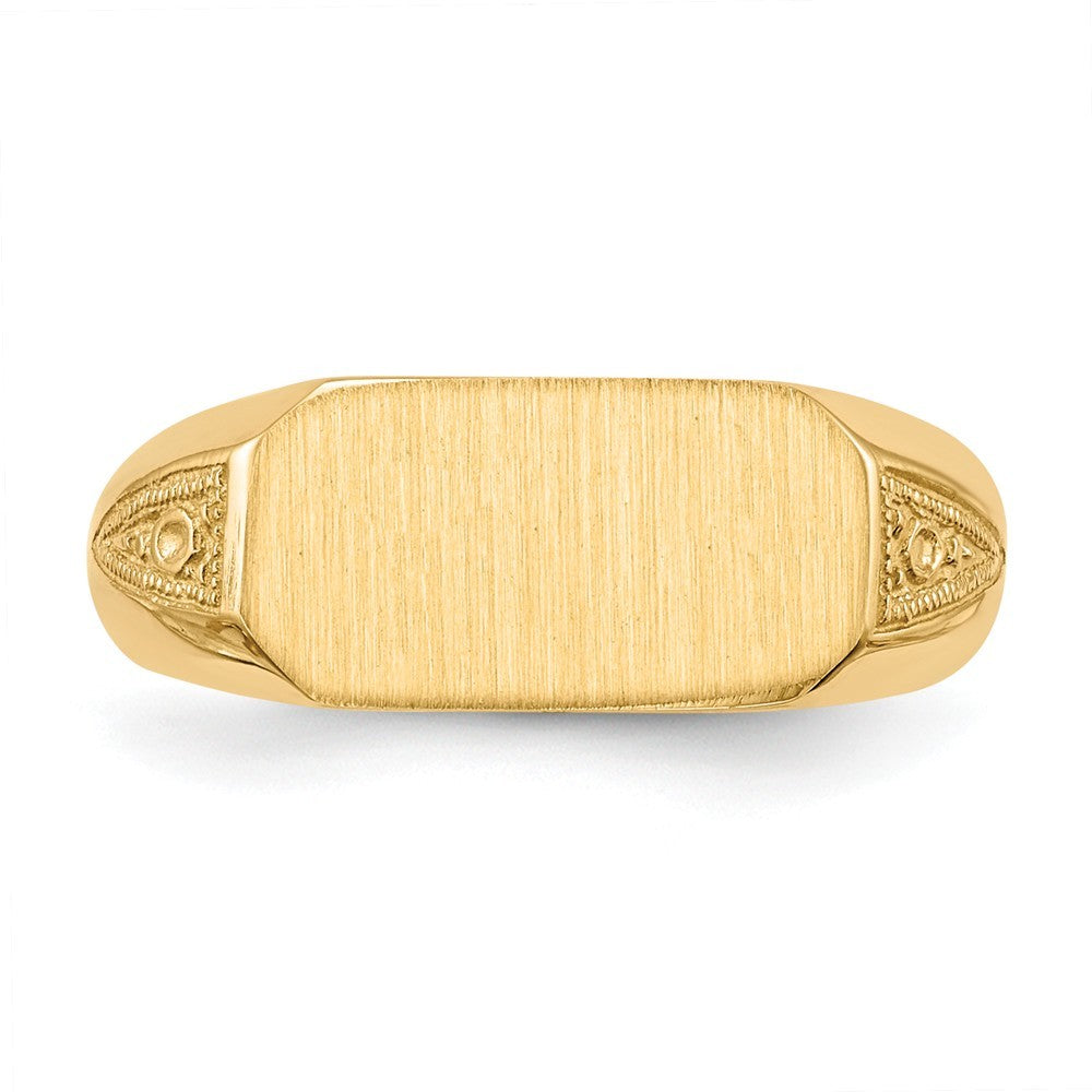 Open Back Womens Mens Decorative Side Rectangle Top Signet Ring Custom Personalized with Free Engraving Available of Initials or Monogram in Solid 14K Yellow Gold