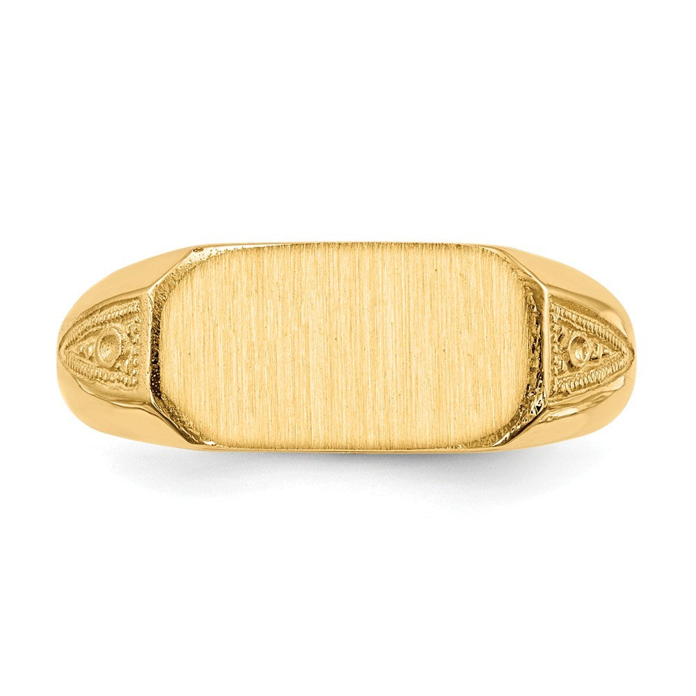 Solid Closed Back Womens Mens Decorative Side Rectangle Top Signet Ring Custom Personalized with Free Engraving Available of Initials or Monogram in Solid 14K Yellow Gold