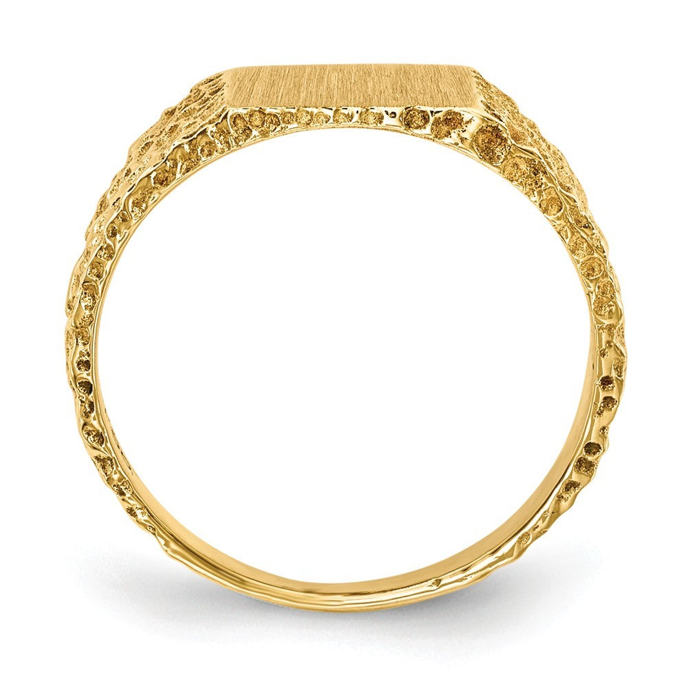 Open Back Womens Mens Nugget Design Side Rectangle Top Signet Ring Custom Personalized with Free Engraving Available of Initials or Monogram in Solid 14K Yellow Gold