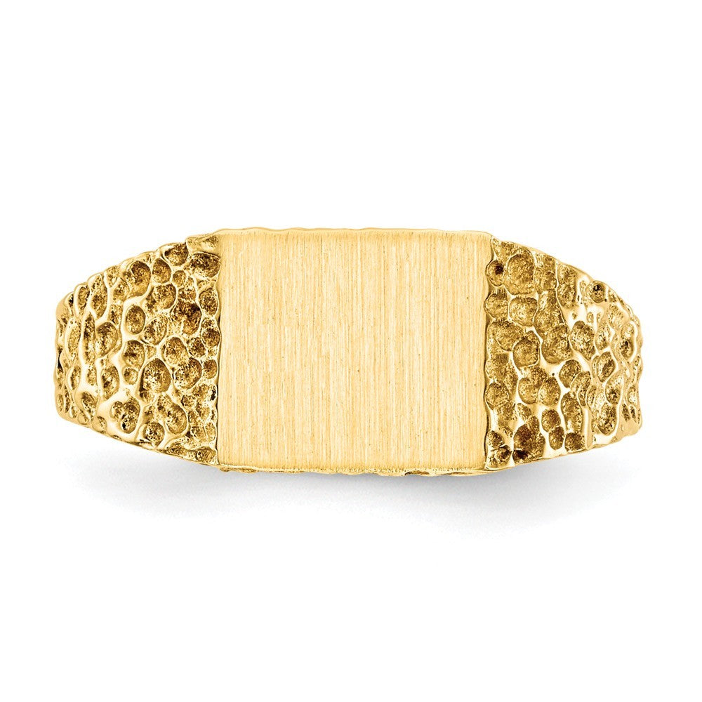 Open Back Womens Mens Nugget Design Side Rectangle Top Signet Ring Custom Personalized with Free Engraving Available of Initials or Monogram in Solid 14K Yellow Gold