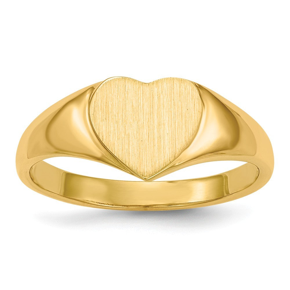 Open Back Ladies Signet Ring Heart Shape Custom Personalized with Free Engraving Available of Initials in Solid 14K Yellow Gold