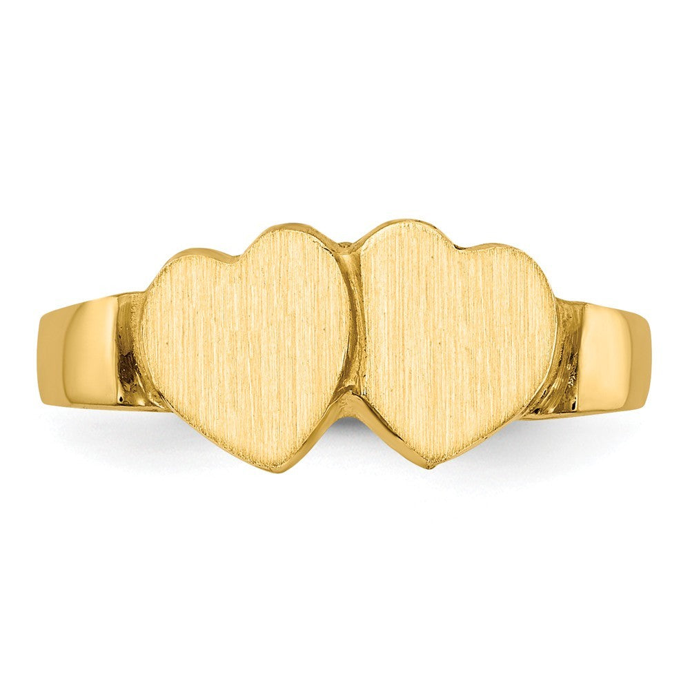 Solid Closed Back Ladies Signet Ring Double Heart Shape Custom Personalized with Free Engraving Available of Initials in Solid 14K Yellow Gold