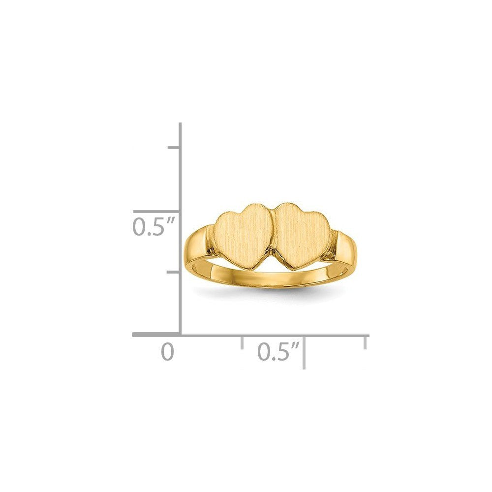 Solid Closed Back Ladies Signet Ring Double Heart Shape Custom Personalized with Free Engraving Available of Initials in Solid 14K Yellow Gold