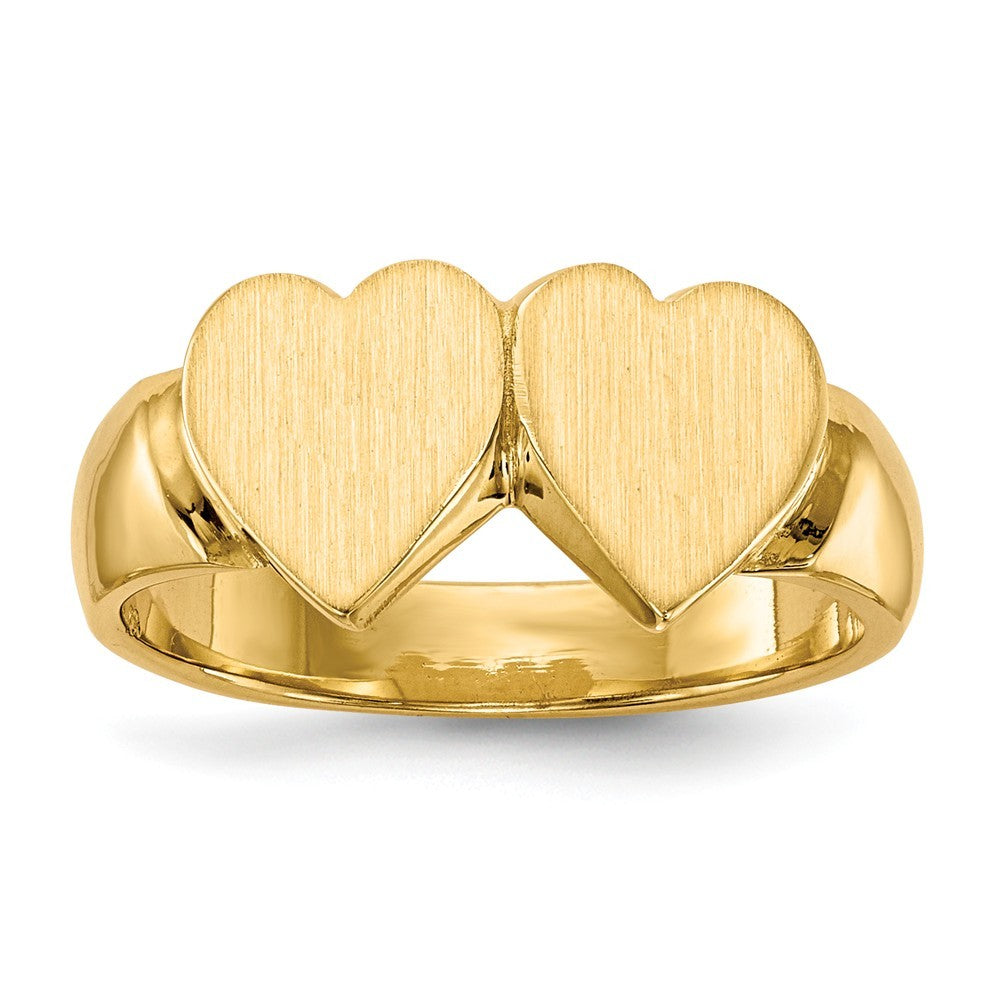 Solid Closed Back Ladies Signet Ring Double Heart Shape Custom Personalized with Free Engraving Available of Initials in Solid 14K Yellow Gold