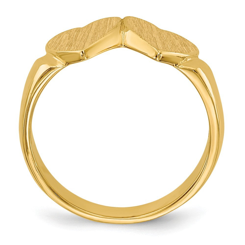 Solid Closed Back Ladies Signet Ring Double Heart Shape Custom Personalized with Free Engraving Available of Initials in Solid 14K Yellow Gold