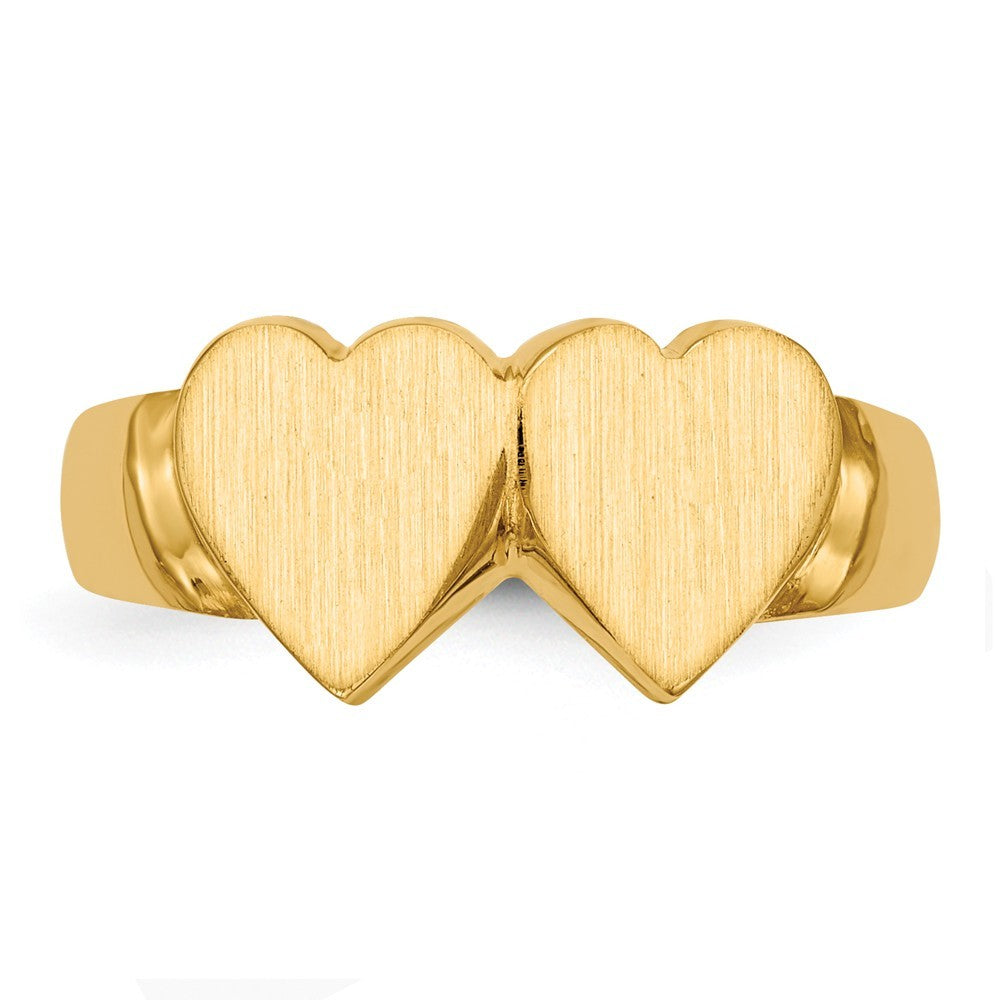 Solid Closed Back Ladies Signet Ring Double Heart Shape Custom Personalized with Free Engraving Available of Initials in Solid 14K Yellow Gold