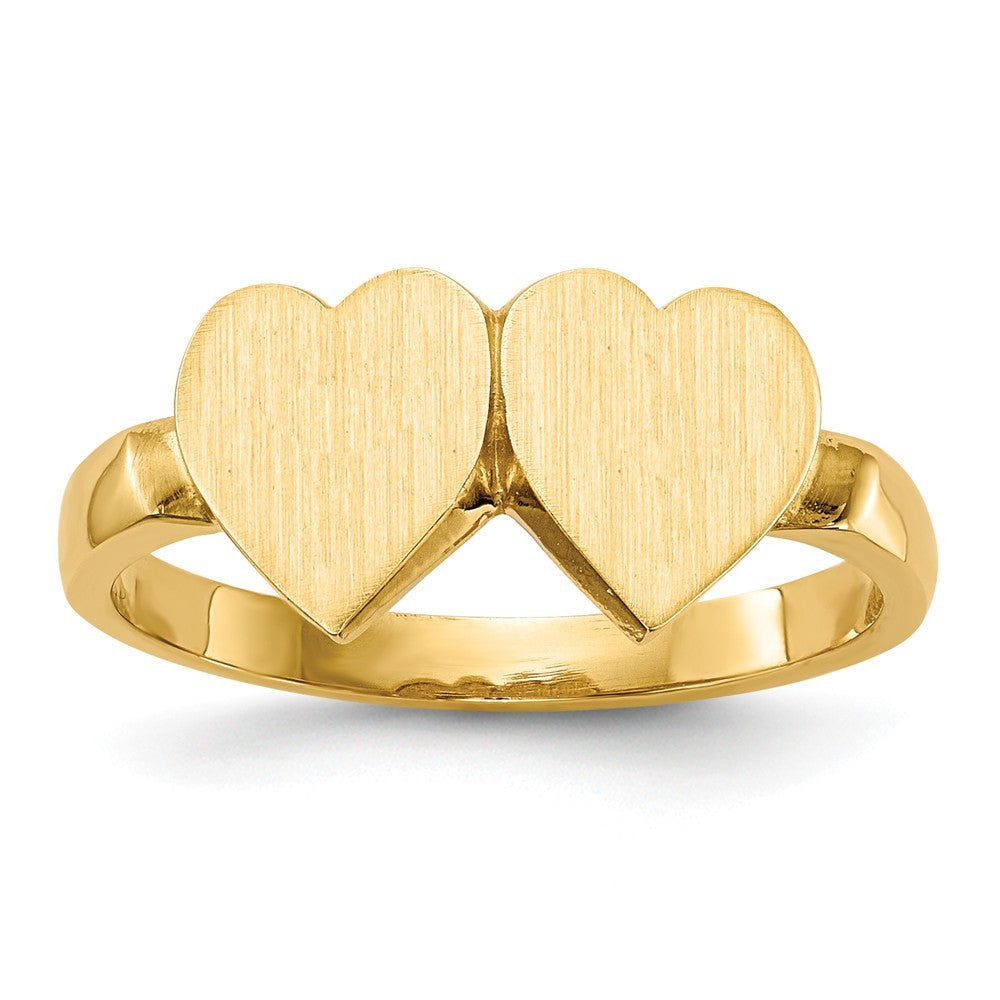 Open Back Ladies Signet Ring Double Heart Shape Custom Personalized with Free Engraving Available of Initials in Solid 14K Yellow Gold