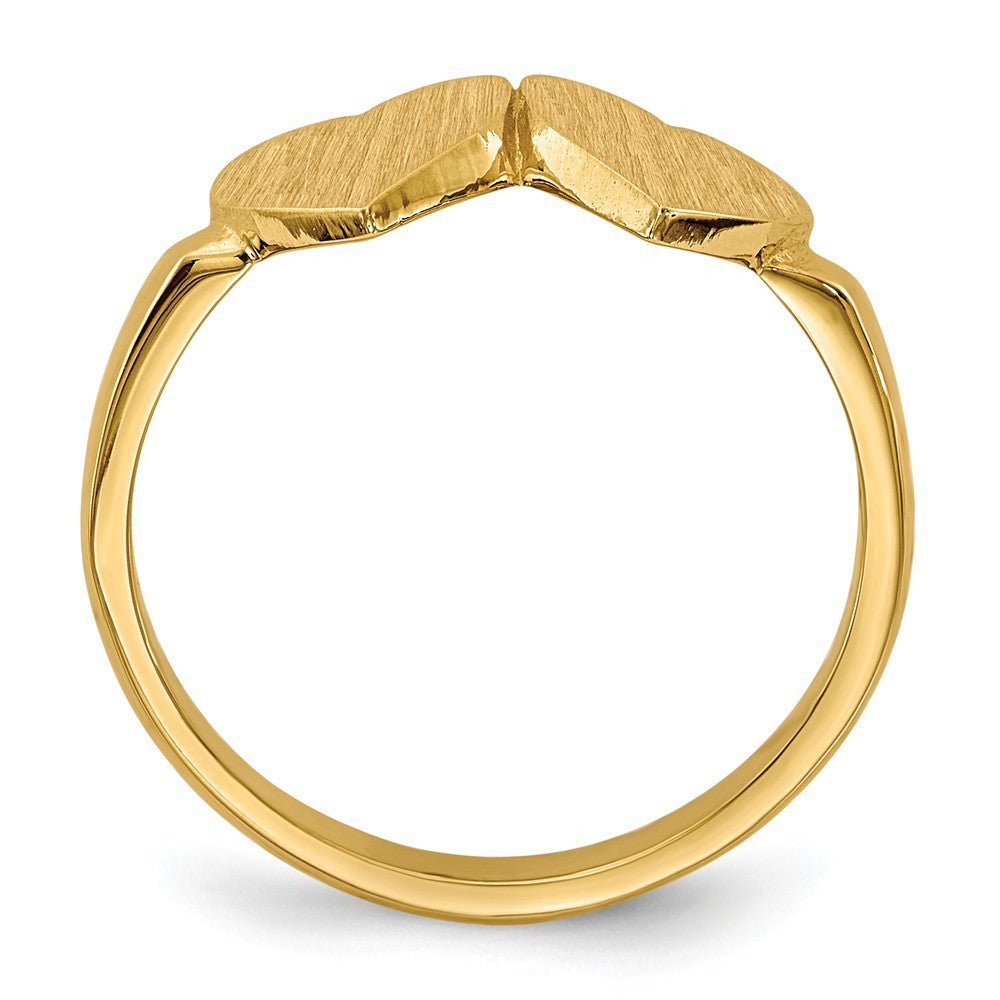 Open Back Ladies Signet Ring Double Heart Shape Custom Personalized with Free Engraving Available of Initials in Solid 14K Yellow Gold
