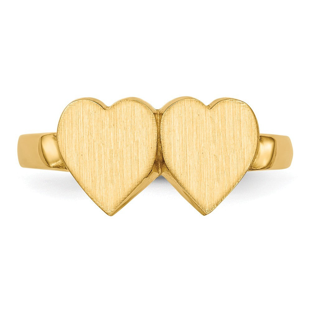 Open Back Ladies Signet Ring Double Heart Shape Custom Personalized with Free Engraving Available of Initials in Solid 14K Yellow Gold