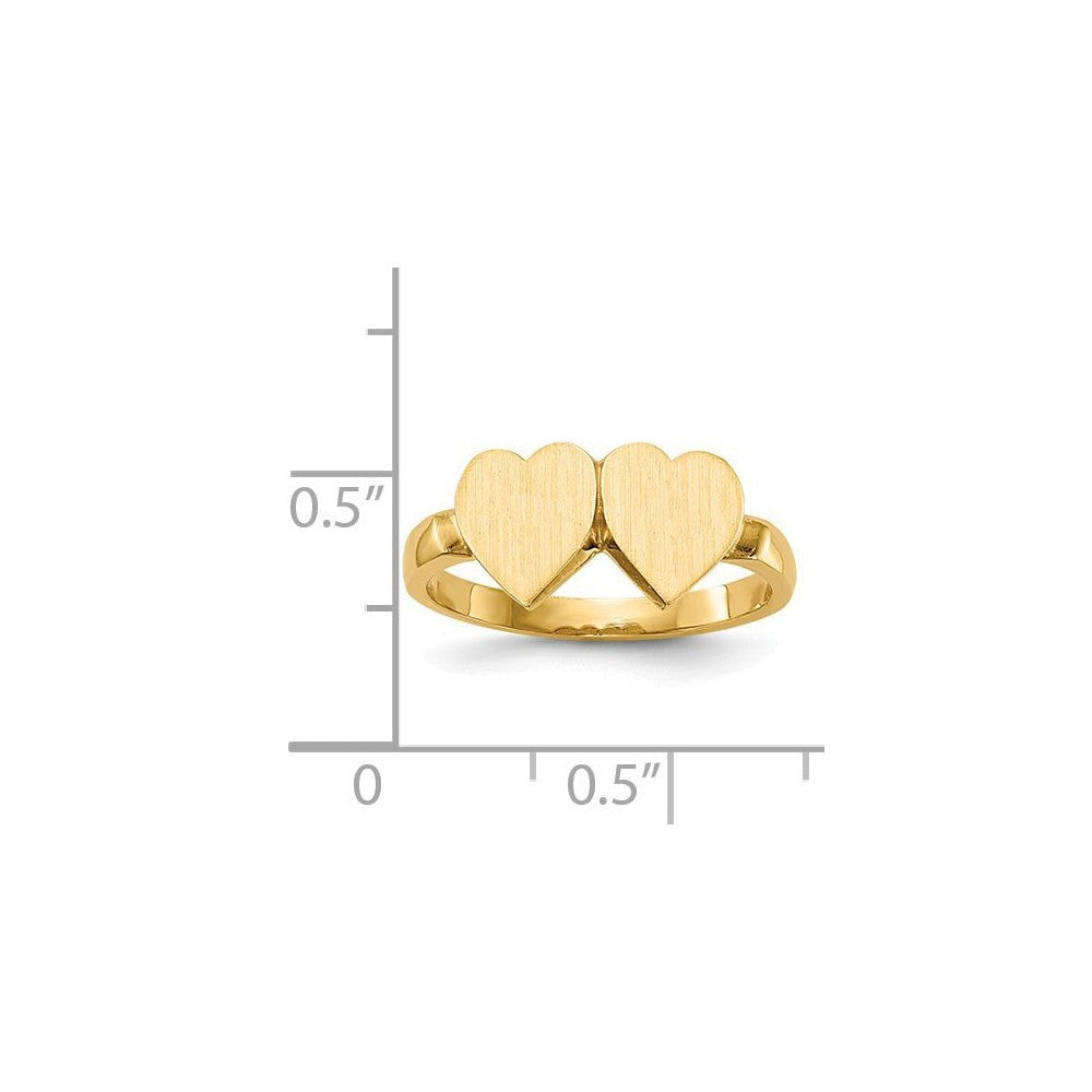 Open Back Ladies Signet Ring Double Heart Shape Custom Personalized with Free Engraving Available of Initials in Solid 14K Yellow Gold