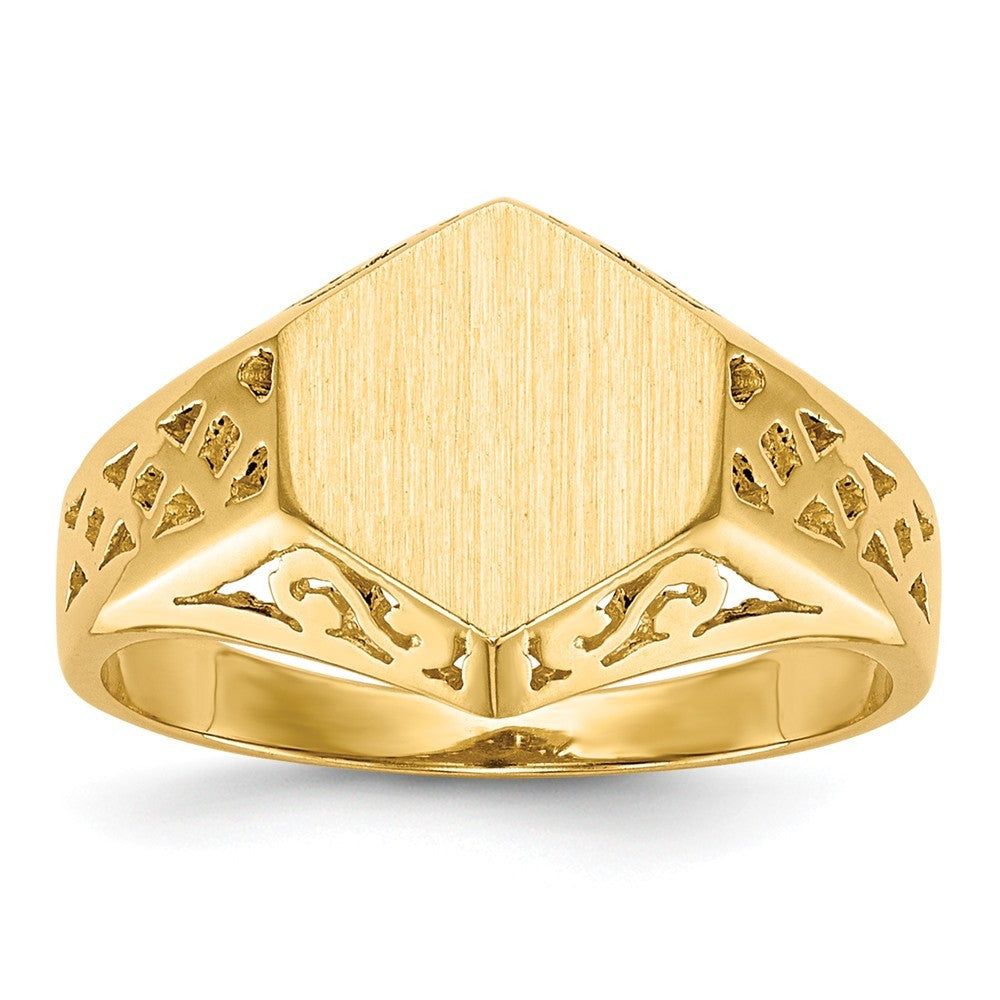 Open Back Womens Cut-out Sides 6-sided Top Signet Ring Custom Personalized with Free Engraving Available of Initials or Monogram in Solid 14K Yellow Gold