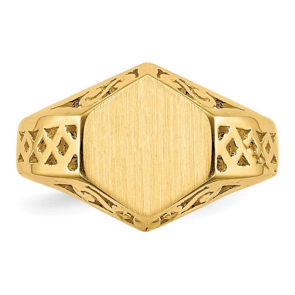 Open Back Womens Cut-out Sides 6-sided Top Signet Ring Custom Personalized with Free Engraving Available of Initials or Monogram in Solid 14K Yellow Gold