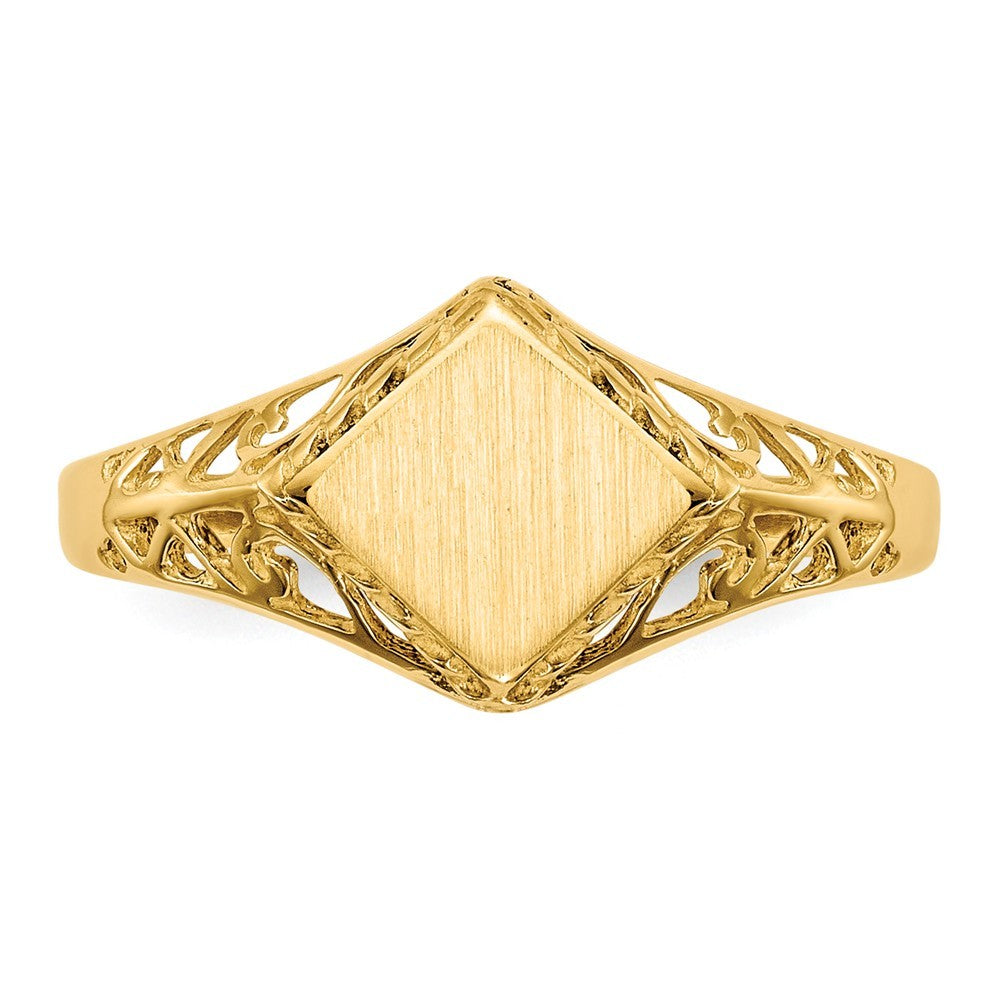 Open Back Signet Ring Square Shape Filigree Sides Custom Personalized with Free Engraving Available of Initials in Solid 14K Yellow Gold