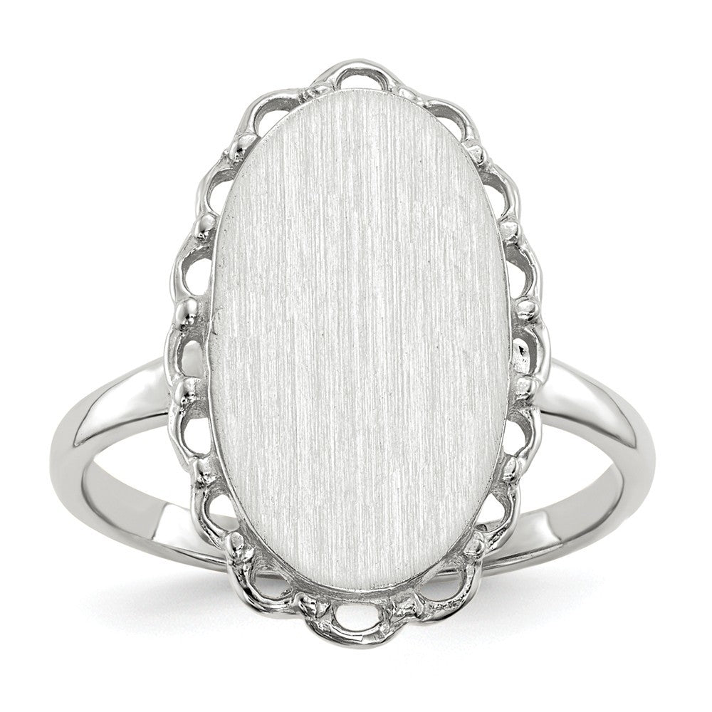 Open Back Signet Ring Oval Shape Scallop Edge Custom Personalized with Free Engraving Available of Initials in Solid 14K White Gold