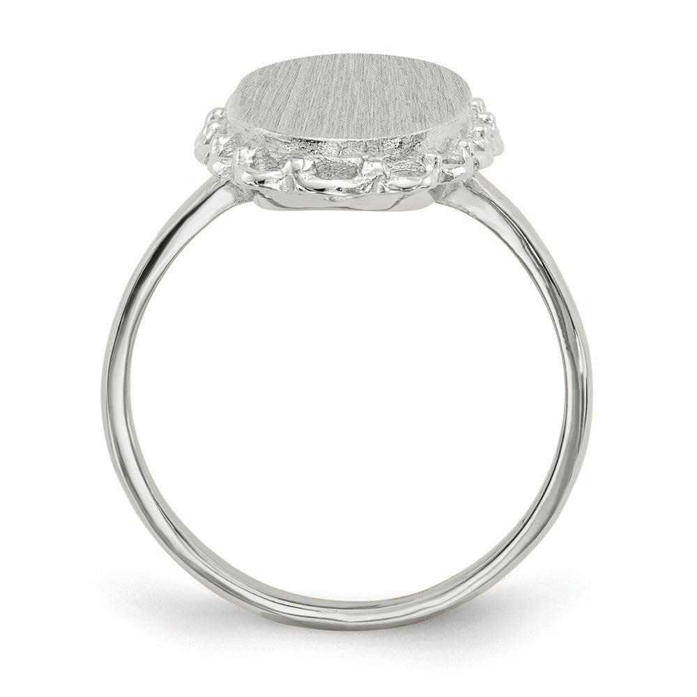 Open Back Signet Ring Oval Shape Scallop Edge Custom Personalized with Free Engraving Available of Initials in Solid 14K White Gold