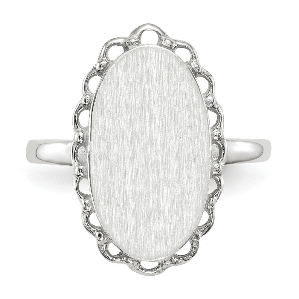 Open Back Signet Ring Oval Shape Scallop Edge Custom Personalized with Free Engraving Available of Initials in Solid 14K White Gold