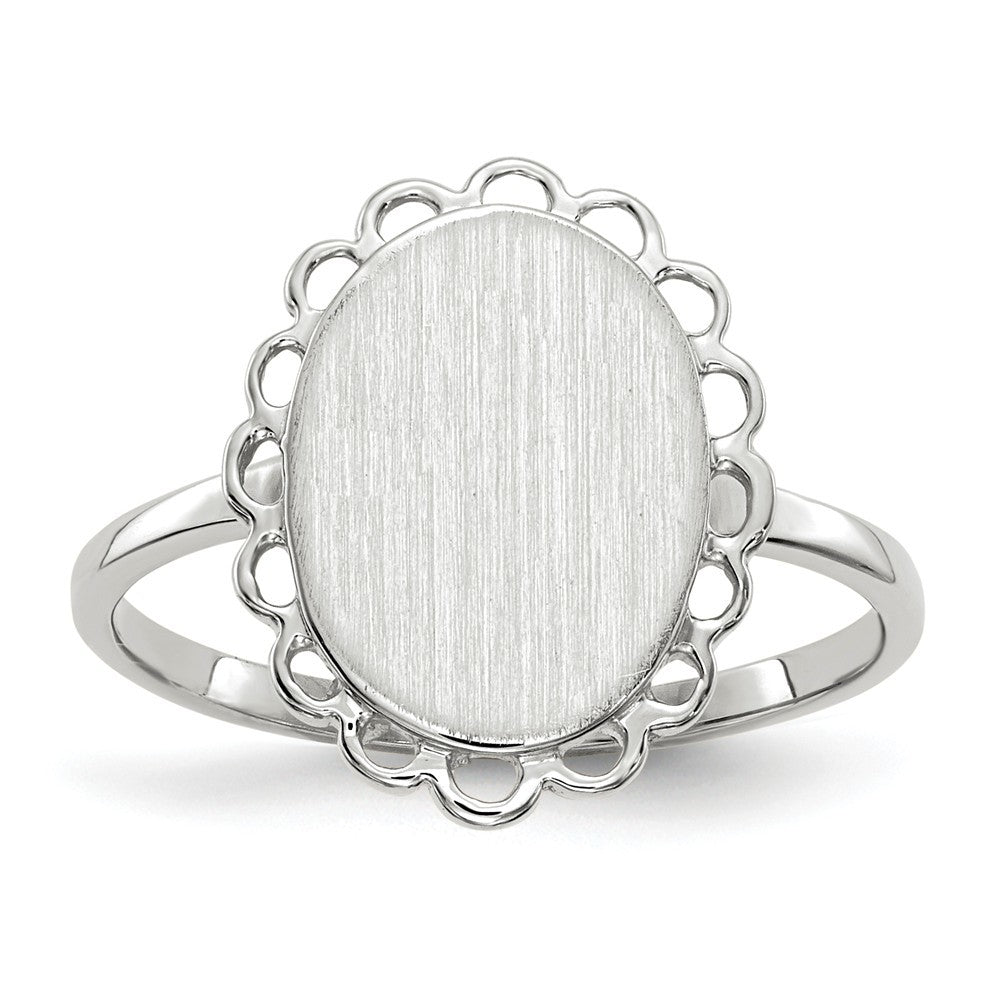 Open Back Signet Ring Oval Shape Scallop Edge Custom Personalized with Free Engraving Available of Initials in Solid 14K White Gold