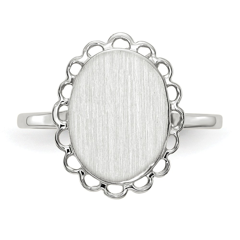 Open Back Signet Ring Oval Shape Scallop Edge Custom Personalized with Free Engraving Available of Initials in Solid 14K White Gold