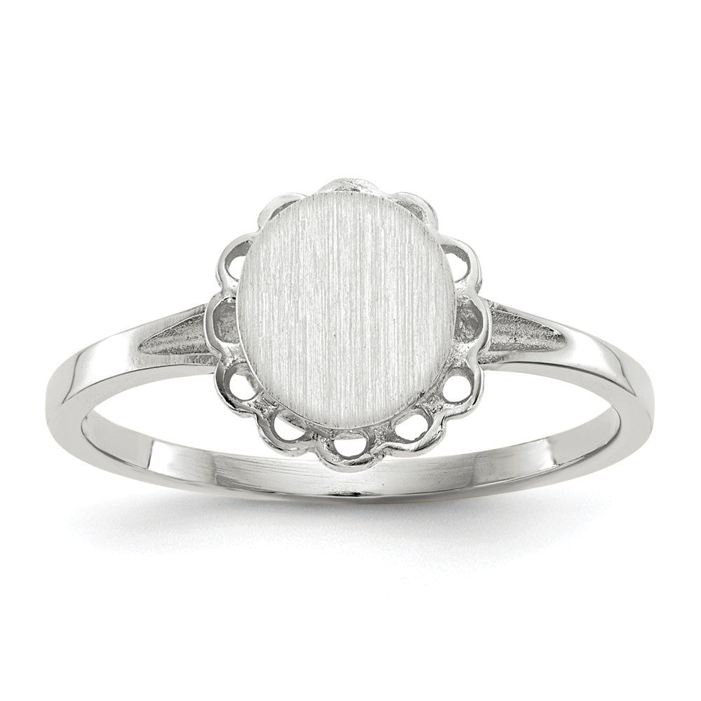 Open Back Signet Ring Round Scallop Edge Custom Personalized with Free Engraving Available of Initials in Solid 14K White Gold