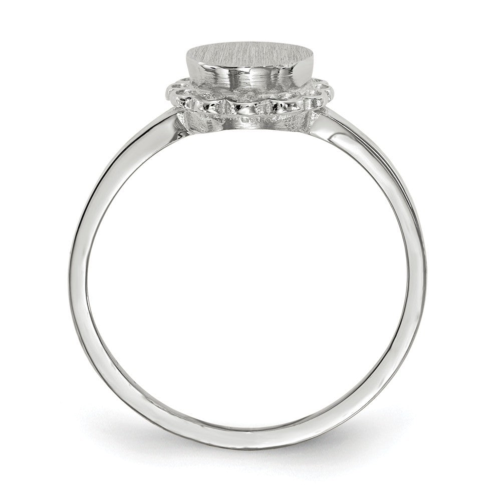 Open Back Signet Ring Round Scallop Edge Custom Personalized with Free Engraving Available of Initials in Solid 14K White Gold