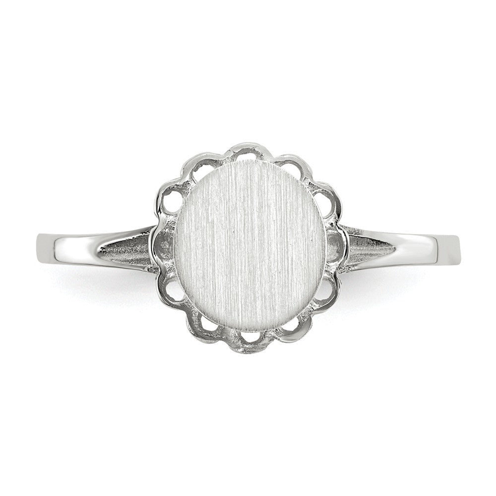Open Back Signet Ring Round Scallop Edge Custom Personalized with Free Engraving Available of Initials in Solid 14K White Gold