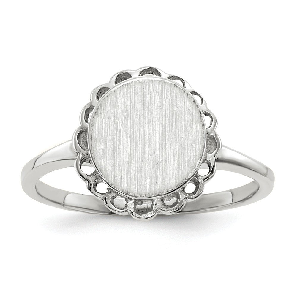Open Back Signet Ring Round Scallop Edge Custom Personalized with Free Engraving Available of Initials in Solid 14K White Gold