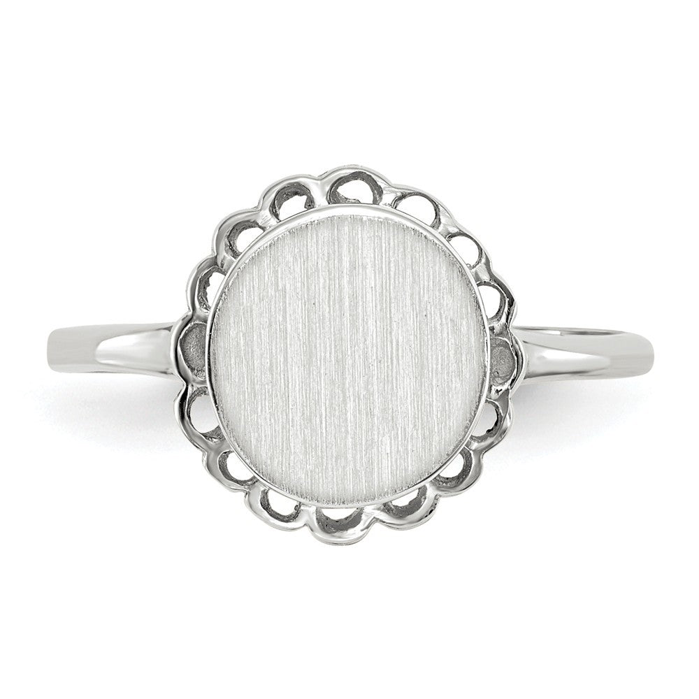 Open Back Signet Ring Round Scallop Edge Custom Personalized with Free Engraving Available of Initials in Solid 14K White Gold