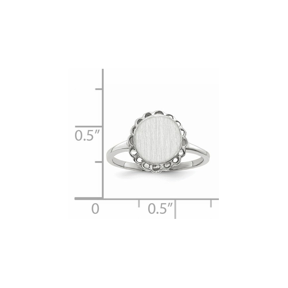 Open Back Signet Ring Round Scallop Edge Custom Personalized with Free Engraving Available of Initials in Solid 14K White Gold