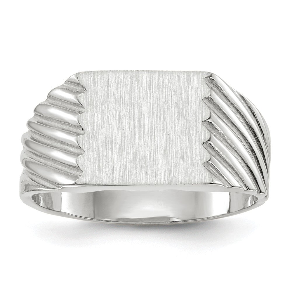 Solid Closed Back Mens Square Top Ridged Sides Signet Ring Custom Personalized with Free Engraving Available of Initials or Monogram in Solid 14K White Gold