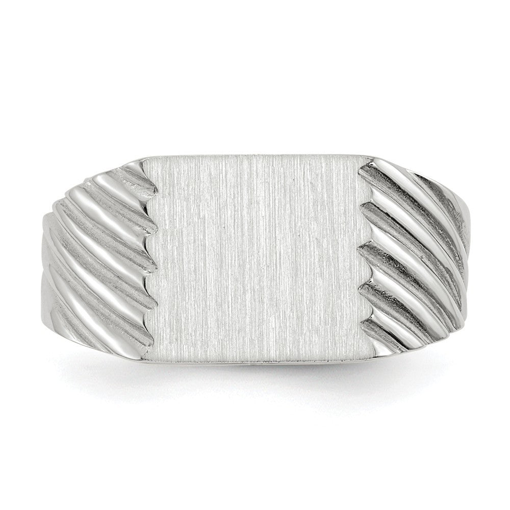 Solid Closed Back Mens Square Top Ridged Sides Signet Ring Custom Personalized with Free Engraving Available of Initials or Monogram in Solid 14K White Gold
