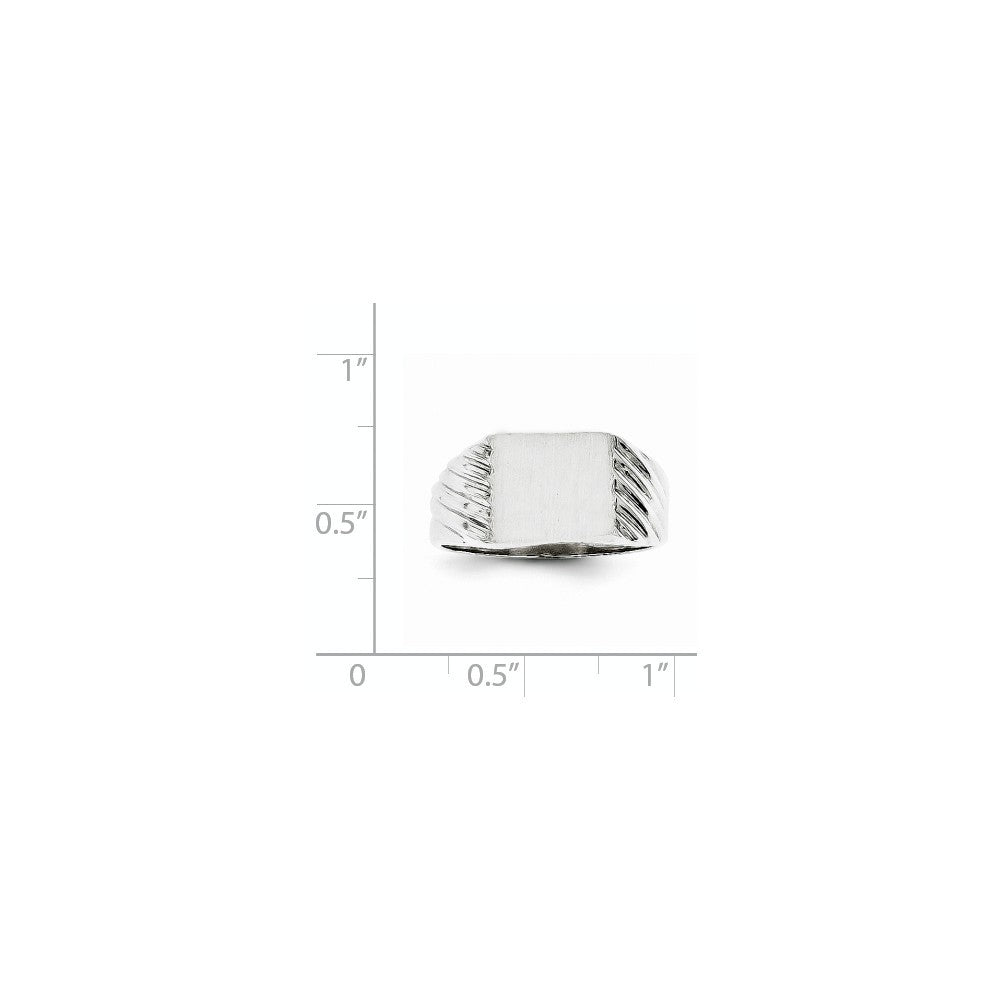 Solid Closed Back Mens Square Top Ridged Sides Signet Ring Custom Personalized with Free Engraving Available of Initials or Monogram in Solid 14K White Gold
